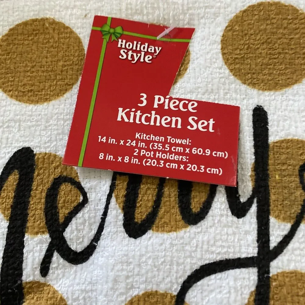 Christmas Merry & Bright Set Tree Towel 2 Pot Holders Holiday Style NWT Baking